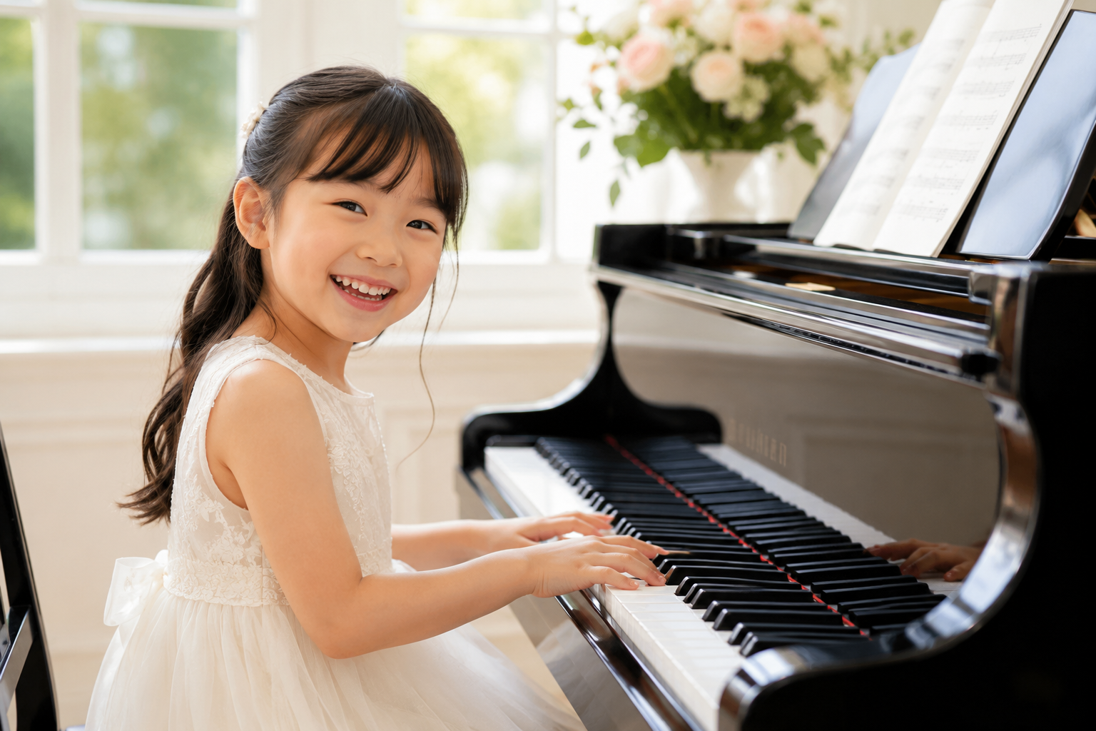 女性の先生とピアノを弾いている子供