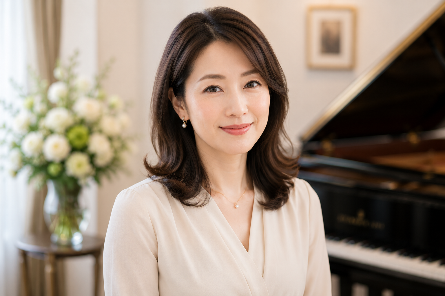 優しく知的な女性ピアノ講師のポートレート