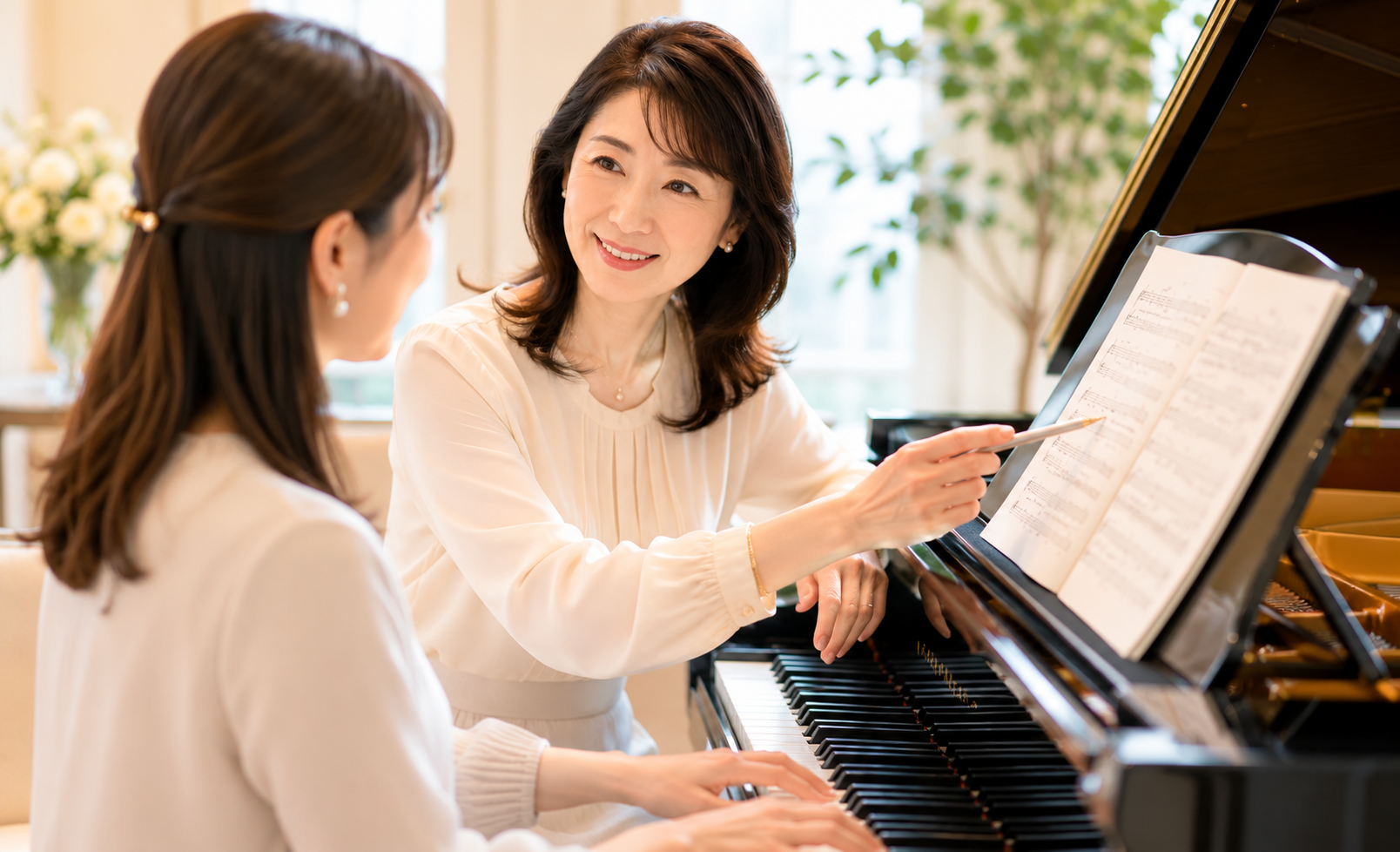 女性講師が子供に優しくピアノを教えるレッスン風景