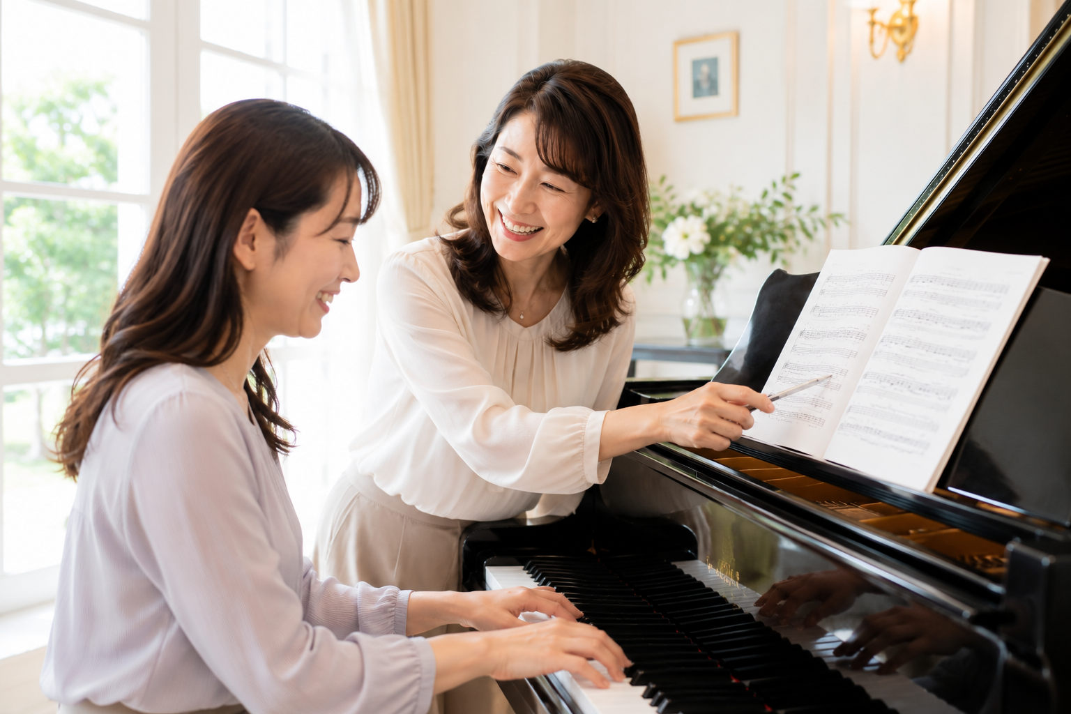 女性ピアノ講師が大人の生徒へ丁寧にレッスンしている様子