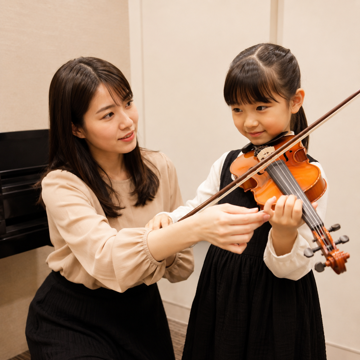 ヴァイオリンを弾く子どものレッスン風景