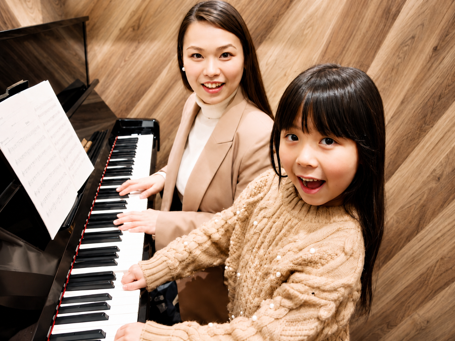 子どもが笑顔でピアノを弾く様子