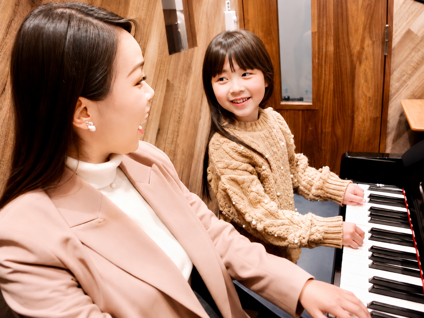 先生と子どもが笑顔でピアノを弾くレッスン風景